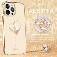 Луксозен твърд гръб оригинален KINGXBAR кристално прозрачен с камъни за Apple iPhone 13 Pro сърце със златен кант 